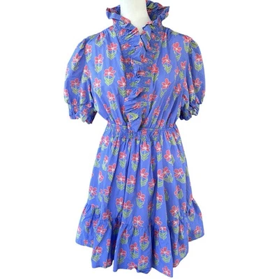 Umgee Cottage 核心连衣裙女式 L 紫色花卉袖口荷叶边领 — 第 1/4 张图片