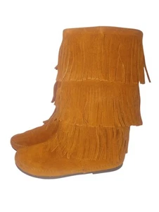 Minnetonka mocassins 3 couches franges bottes marron 1632 mi-mollet boho femme taille 8 - Photo 1/7