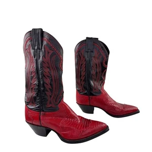 VTG Justin Lizard Tall Western Cowboy Boots 7.5 Red Black Leather Pull On 4754 - Picture 1 of 9