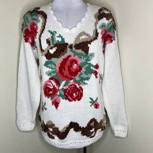 VTG 90s Nuggets Grandma Sweater LARGE Knitted Floral Rose Cottagecore V-Neck - Picture 1 of 8