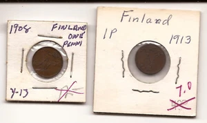 Lot of 2 Coins - 1 Penni - Finland (Grand Duchy) 1908, 1913, Copper - VF - Picture 1 of 2
