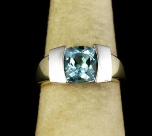 SIGNED CUSHION CUT NATURAL 2.03ct AQUAMARINE SOLID 14K WHITE & YELLOW GOLD RING - Picture 1 of 12