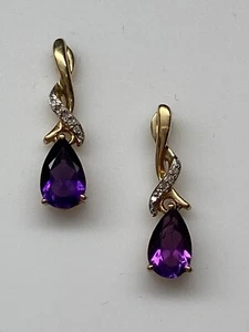 10K Gelbgold Birnenform Amethyst und Diamant Ohrhänger Neu Februar  - Bild 1 von 12