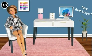 WHITE Desk & Chair with BLACK Legs & Accessories for Barbie 1:6 Scale - Picture 1 of 13