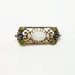 1928 JEWELRY PEARLY EDEN BLUE ROSE FAUX VICTORIAN PEARL FILIGREE BROOCH GOLDTONE - Picture 1 of 4