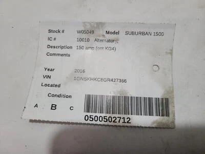 Used Alternator fits: 2016 Chevrolet Suburban 1500 150 amp opt KG4 6.6 Grade B - Image 1 of 4