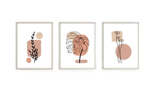 Tropische Blattdrucke, Minimal Line Abstraktes Wanddeko, Beige Braun Wandbild - Bild 1 von 11