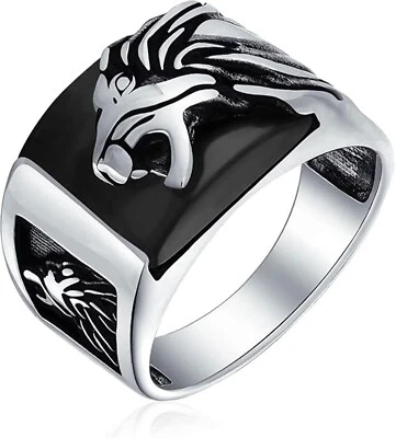 Lion Head Mens Ring Real Solid Sterling Silver Black Onyx Stone Size 7-15 - Image 1 of 4