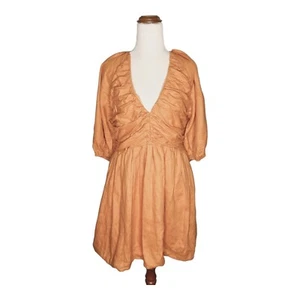 Aere Size 12 Orange Ruched Bodice Linen Mini Dress Balloon Sleeves V Neck - Picture 1 of 11