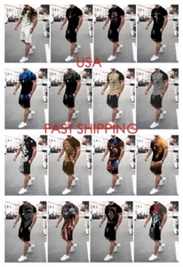 Fashion T Shirt Men's Sport Short Sleeve Tee & Drawstring Shorts Pants SET 2 PCS - Picture 1 of 20