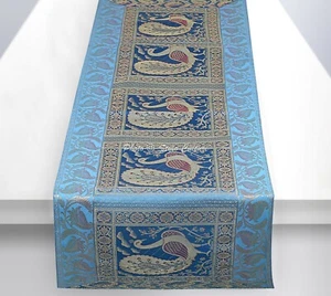 Ethnic Decorative Table Runner Christmas Turquoise Brocade Peacock Table Linen - Picture 1 of 5