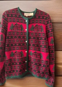 Vintage The Eagle's Eye Women's Cardigan Sweater Large 100% Wool Red Green Cozy - Picture 1 of 11