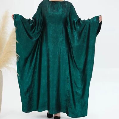 Muslim Women Maxi Dress Bat Sleeve Shiny Abaya Kaftan Arab Loose Robe Dubai Gown - Image 1 of 4