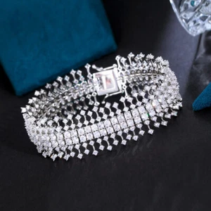 Women Silver Plated Wide Big Bridal Bracelet Cubic Zircon Jewelry with Gift Box - Picture 1 of 9