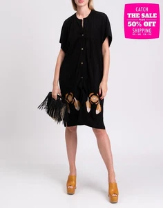 RRP€947 YUNUS Leather Shift Dress IT42 US6 UK10 M Black Patched Popper Front - Picture 1 of 9