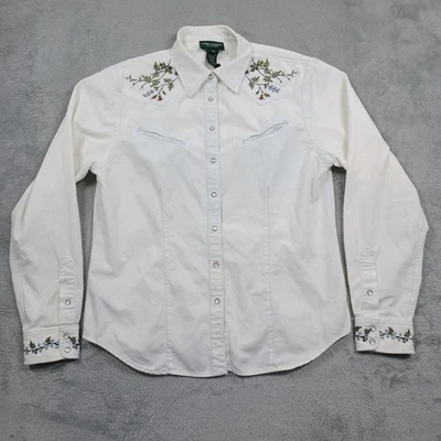 Lauren Ralph Lauren Top Womens Medium White Pearl Snap Western Floral Vintage - Image 1 of 4