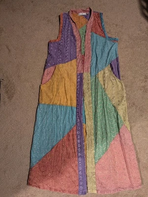 Sacred Threads Multicolor Patchwork Pastel Long Vest Size M Hippie Artsy Boho - Image 1 of 4