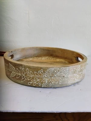  Bandeja Redonda Rústica Tallada Bandeja para Servir Madera Consola Bandeja 14" Decoración Granja Foto 1 de 3