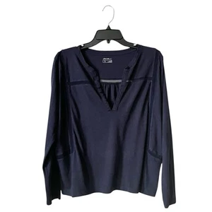 Eddie Bauer T-Shirt Top Women's Size M Blue Split Neck Long Sleeve Mesh Detail - Picture 1 of 6