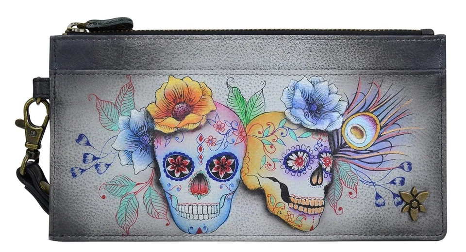 Cartera Muñequera de Cuero Pintada a Mano Anuschka Calaveras Calaveras ¡NUEVA CON ETIQUETAS! Foto 1 de 4