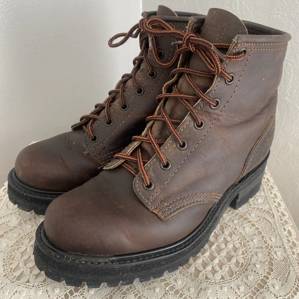 Botas de Leñador de Combate Frye para Mujer Cuero Marrón Gruesas Suela Vibram Con Cordones Talla 9 Foto 1 de 4