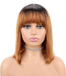 Human Hair Wig for Black Women, Honey Blonde Bob Wigs with Bangs, Short Straight - Picture 1 of 7