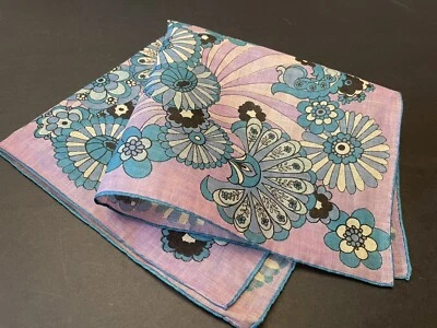 Vintage Monique 1960s Handkerchief Linen Purple Turquoise Paisley Flowers MOD - Image 1 of 4