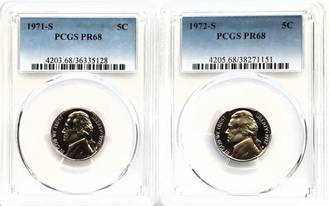 1971 & 1972-S Proof Jefferson Nickle (5C) PCGS PR 68-Fading Blue Label-2 Coin Cover