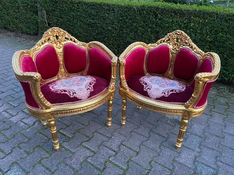 French Louis XVI Corbeille Bergere Chairs in red velvet- a Pair Cover