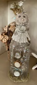 Hand Crafted Snowman Made with Antique Bottle & Vintage Jewelry, Beads & Tinsel - Picture 1 of 13