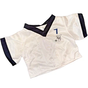 Build a Bear Workshop BABW Blanco FÚTBOL Uniforme Camisa Top Borde Negro con Azul #7 - Imagen 1 de 4