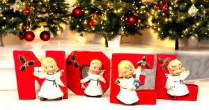 Vintage Napco Weihnachten NOEL Kerzenhalter Engel Figuren Happy Yuletide Japan - Bild 1 von 10