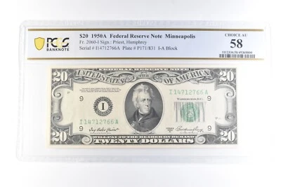 1950 A $20 Minneapolis MN FRN Fr#2060-I Choice AU 58 PCGS *6083 - Image 1 of 3