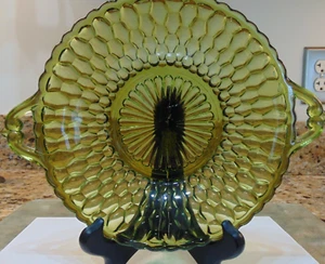 Vintage Indiana Glass Avocado Green Honeycomb 9” Candy Relish Dish 2-Handled - Picture 1 of 6