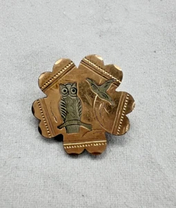 Vintage Antique Etched Bronze Copper Silver OWL Brooch Pin Necklace Pendant 1x1" - Picture 1 of 6