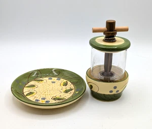 Reibe Platte Keramik Knoblauchschale mit passender Kräutermühle grün gelb 2 Stück - Bild 1 von 9