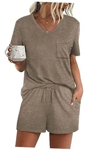 Women's Short Sleeve Pajama Sets with Pockets Casual V Neck 2 Medium 06-grey - Picture 1 of 6