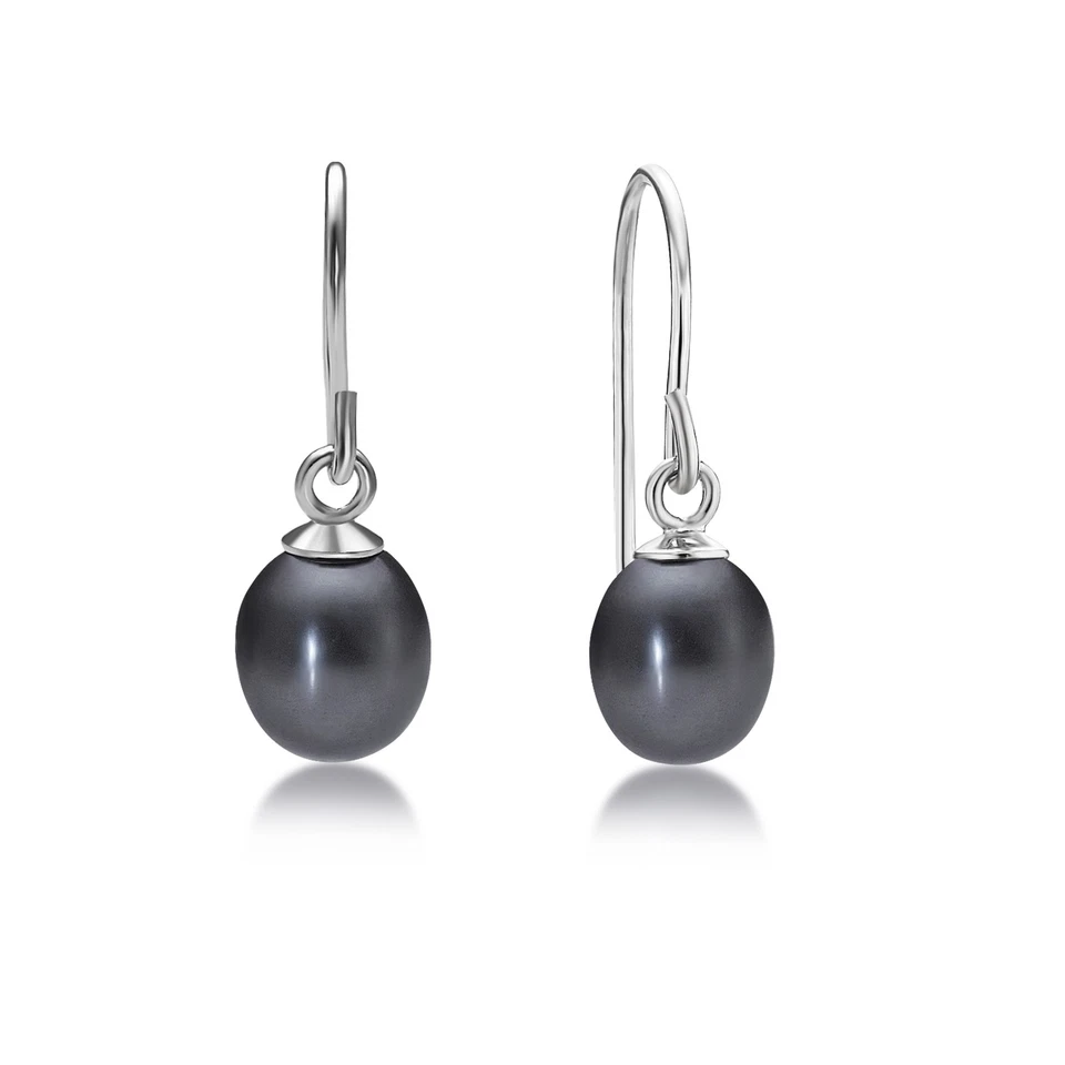 925 Sterling Silver Fish Hook Black Pearl Dangle Earrings 5 mm Jewelry for Women - Image 1 of 4