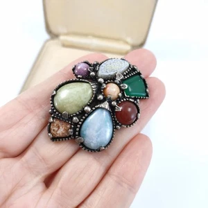 Vintage Miracle Style Faux Agate Glass Stone Brooch Antique Silver Tone Metal - Picture 1 of 9