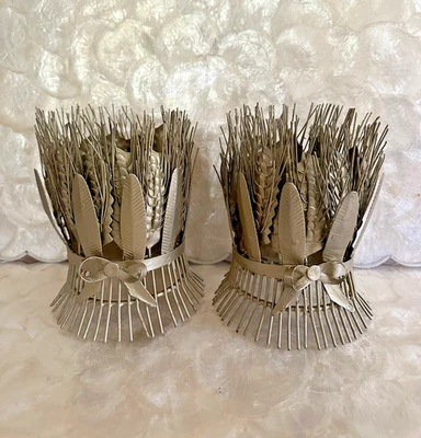 Vintage Metal Wired Farmhouse Wheat Rustic Pillar 2 Pair Candle Holders MCM - Image 1 of 4