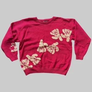 Vintage 80-90s Raspberry-Red Teddy Bear Knit Sweater Women's Size M Grandma Xmas - Picture 1 of 9