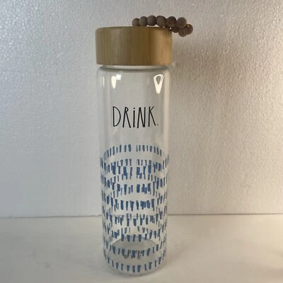 Rae Dunn Water Bottle   DRINK   glass with wooden lid blue print design Cute - Image 1 of 4