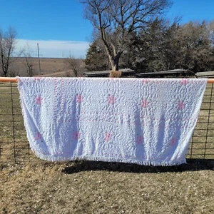 Vintage Chenille Bedspread Bed Cover Florals Pink White 106 by 95" - Picture 1 of 5