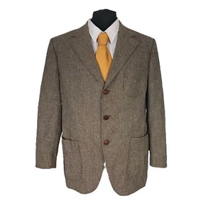 70’s Tweed Blazer Jacket 44S Back Belt Patch Pocket Brown Vintage - Picture 1 of 8