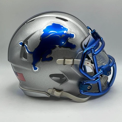 Detroit Lions CUSTOM Metallic Silver - Blue Chrome Decals Mini Football Helmet Cover