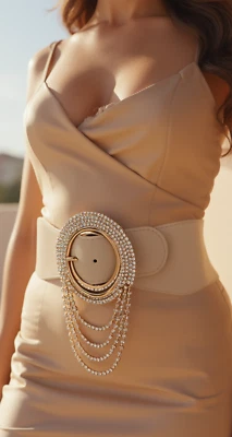 Women Elastic Beige Fancy Goddess Fashion Wide Belt Shiny Gold Round Buckle S M - Image 1 of 4