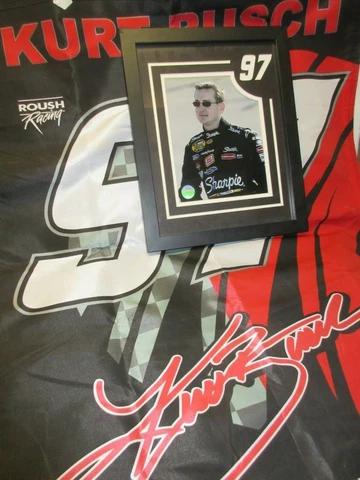 NASCAR vintage Kurt Busch #97 lot - Sharpie framed photo and Rubbermaid flag Cover