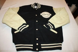 Vintage DELONG Letterman’s VARSITY JACKET BLACK CREME COLOR ORIGINAL MED - Picture 1 of 3
