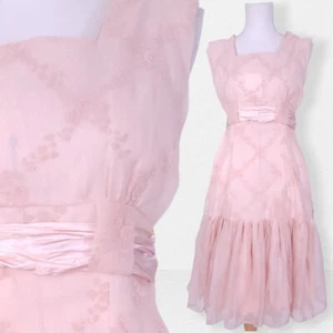Pink Flocked Prom Dress Ladies S Satin Bombshell Pinup Mid Century 50s Vintage - Picture 1 of 19