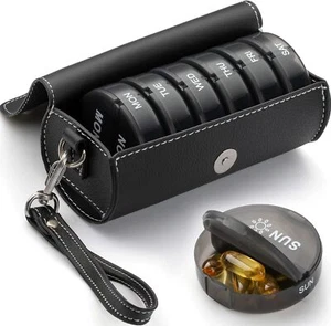 Weekly Pill Organizer AM / PM - 7 Day Large Pill Box with Travel PU Leather Case - Picture 1 of 7
